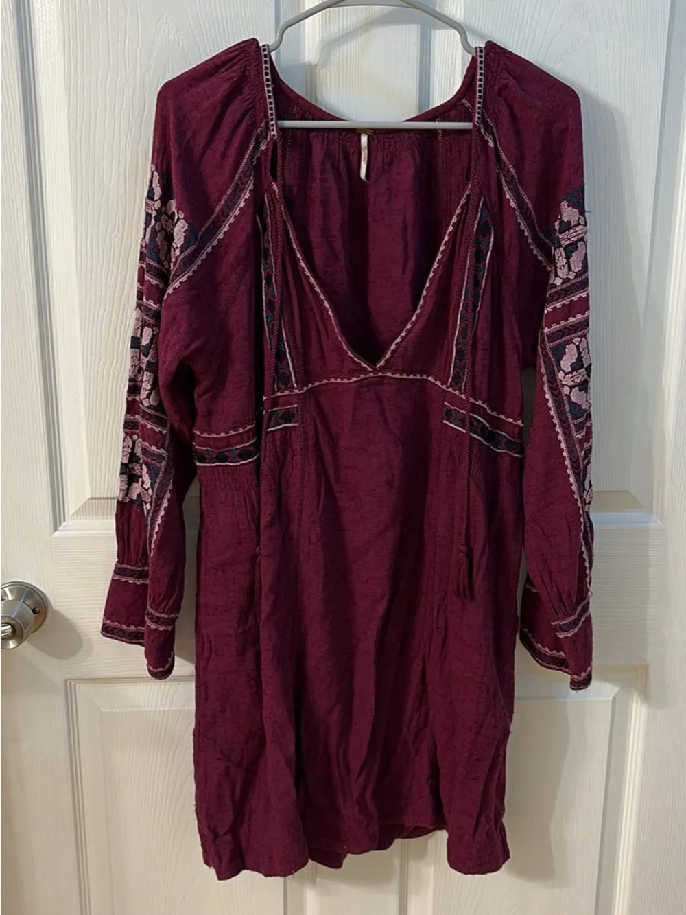 Free People Wine Embroidered Long-Sleeve Tunic Dress